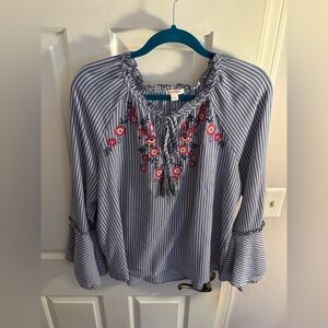 Crown & Ivy Blue and White Striped Blouse with Floral Embroidery